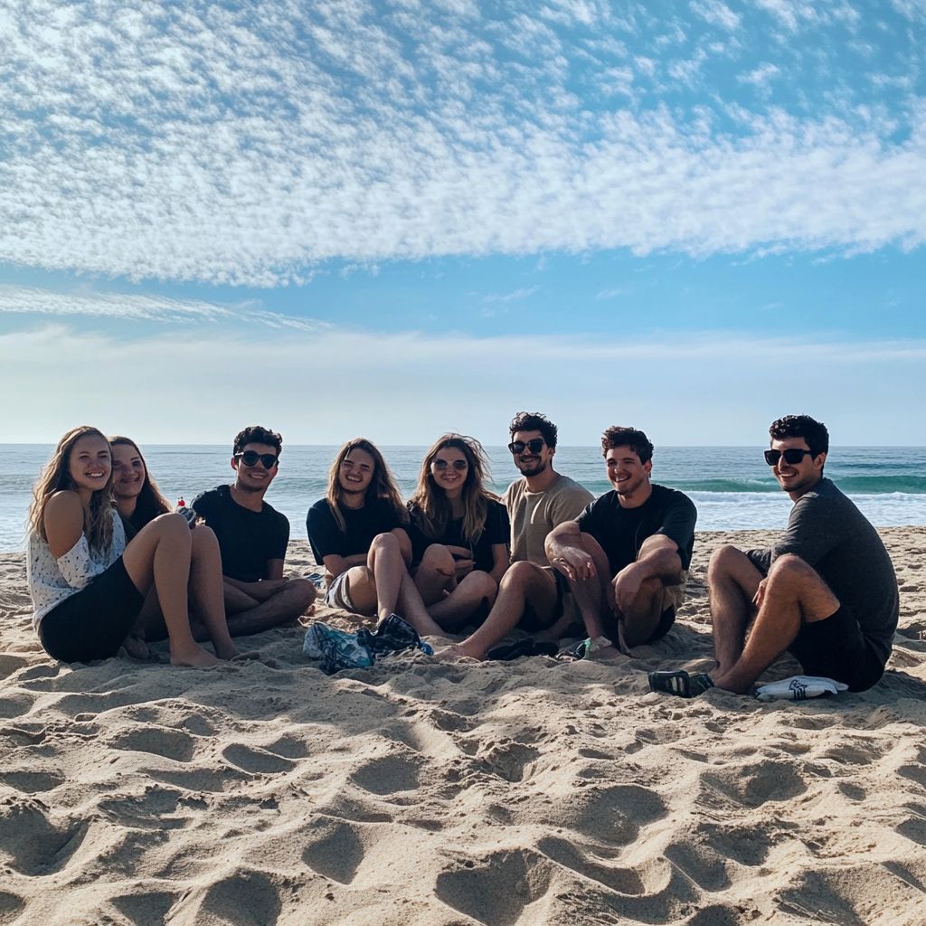 Groep jongeren zit op het strand.