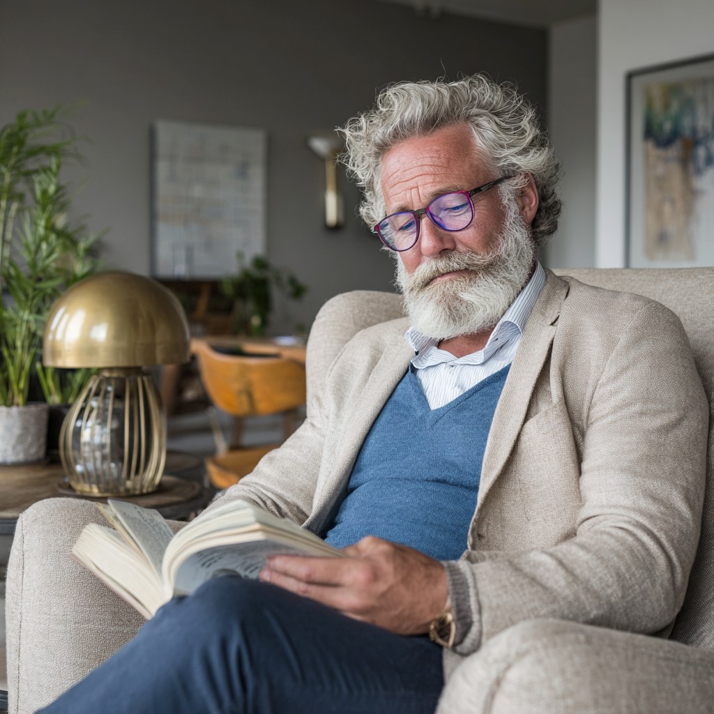 Oude man zit te lezen.